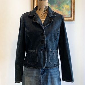EUC Live a Little Dark Wash Denim Blazer Jacket – Size Large